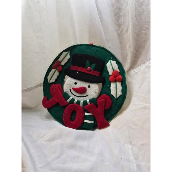 Vintage 11.5” Felt Christmas Joy Snowman Wreath Whimsical Banner Handmade Decor - Picture 1 of 6